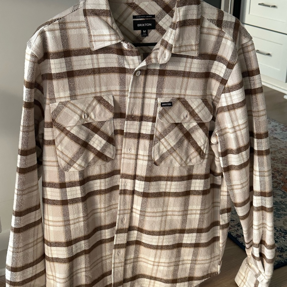Brixton Men's Cream and Brown Plaid Shirt
